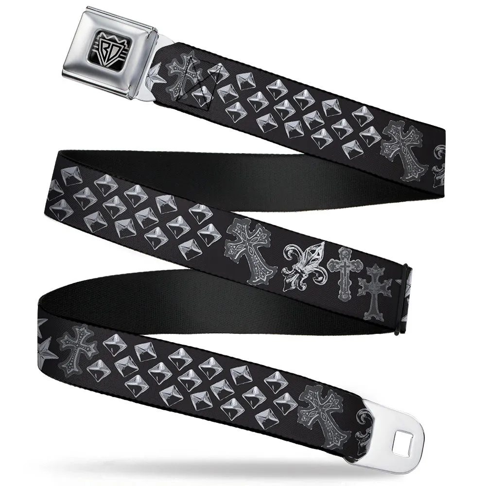 BD Wings Logo CLOSE-UP Full Color Black Silver Seatbelt Belt - Elegant Crosses/Stars/Studs Black/Grays Webbing