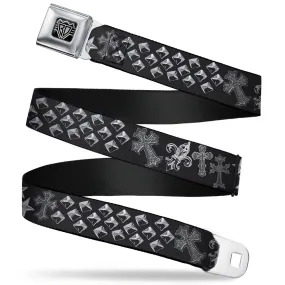 BD Wings Logo CLOSE-UP Full Color Black Silver Seatbelt Belt - Elegant Crosses/Stars/Studs Black/Grays Webbing