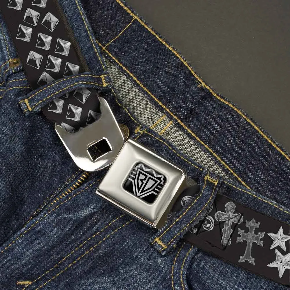 BD Wings Logo CLOSE-UP Full Color Black Silver Seatbelt Belt - Elegant Crosses/Stars/Studs Black/Grays Webbing