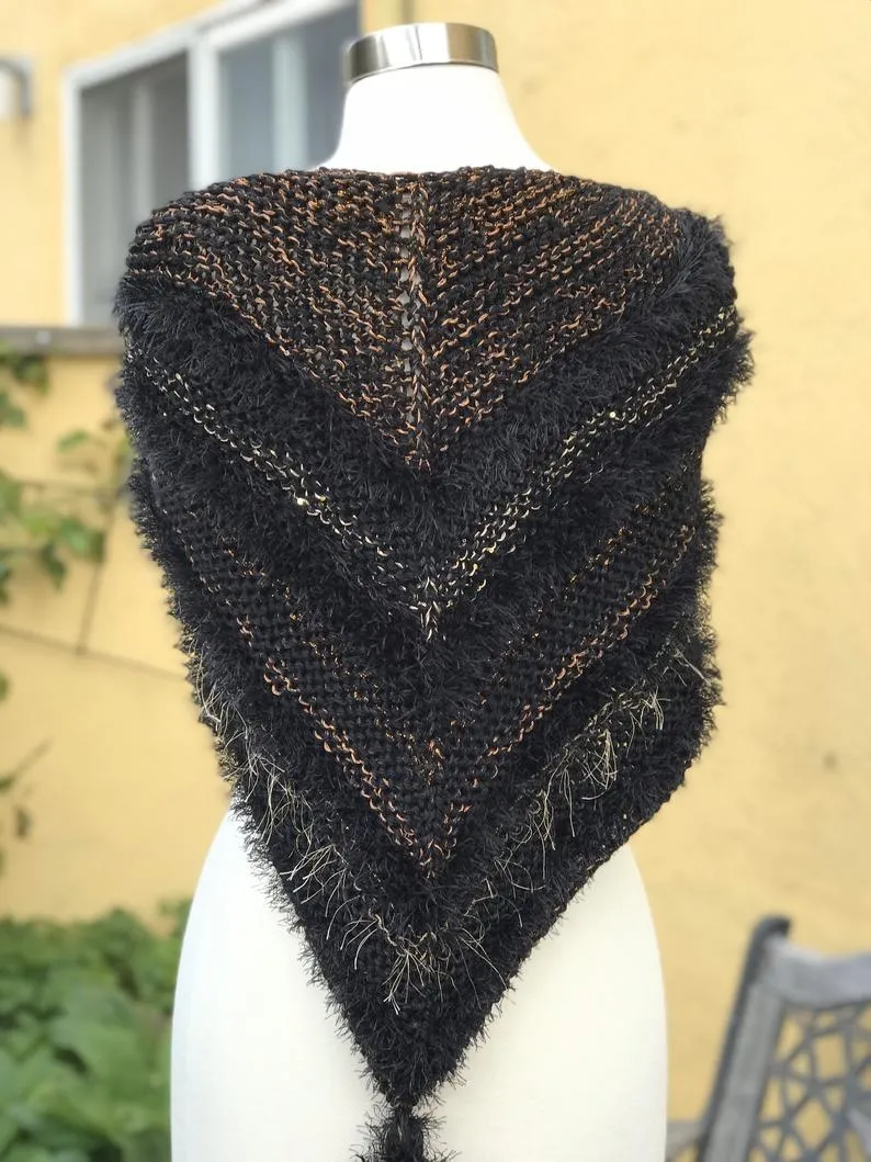 Black Knitted Shawl, Knitted Neckerchief for Women, Shawl with Fringe, Triangular Handkerchief, Mottled Knitted Handknitted