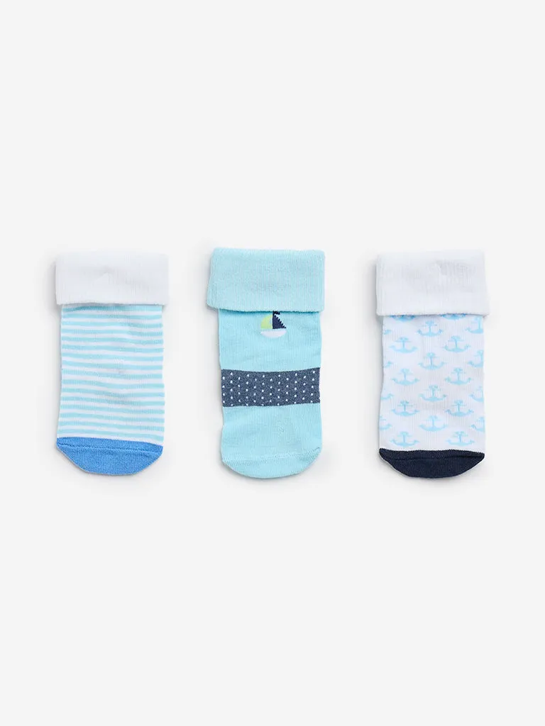 HOP Baby Aqua Printed Socks- Pack of 3