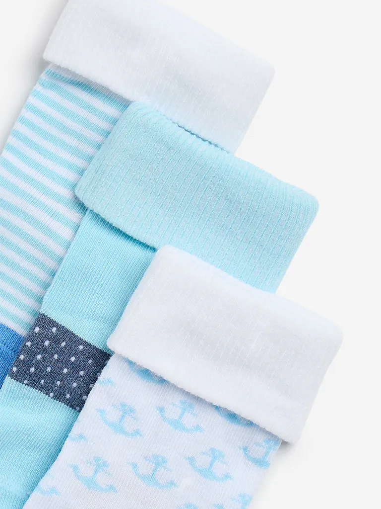 HOP Baby Aqua Printed Socks- Pack of 3