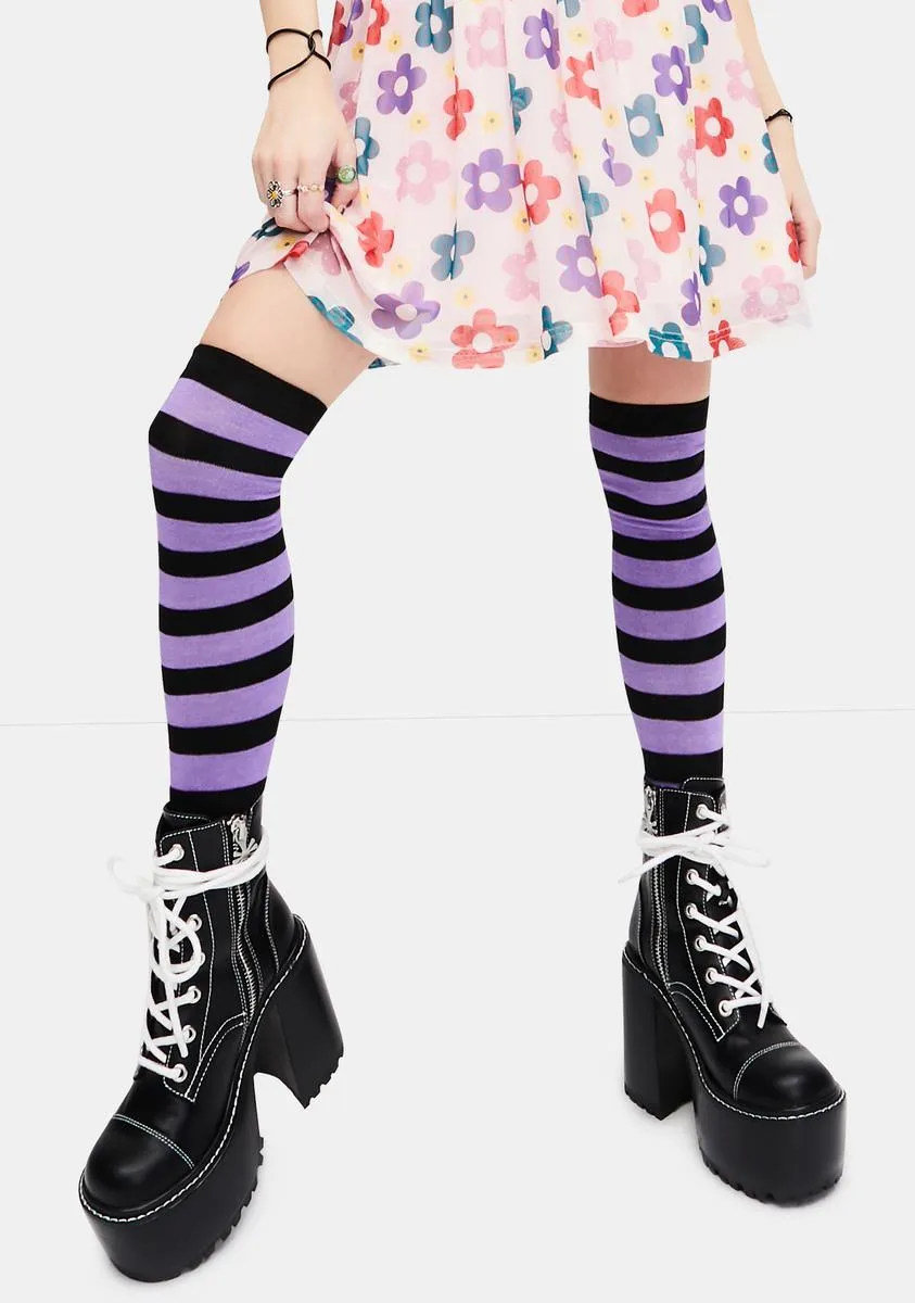 Lavender Playful Lane Striped Thigh High Socks