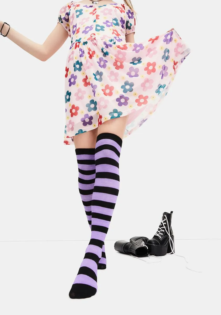 Lavender Playful Lane Striped Thigh High Socks