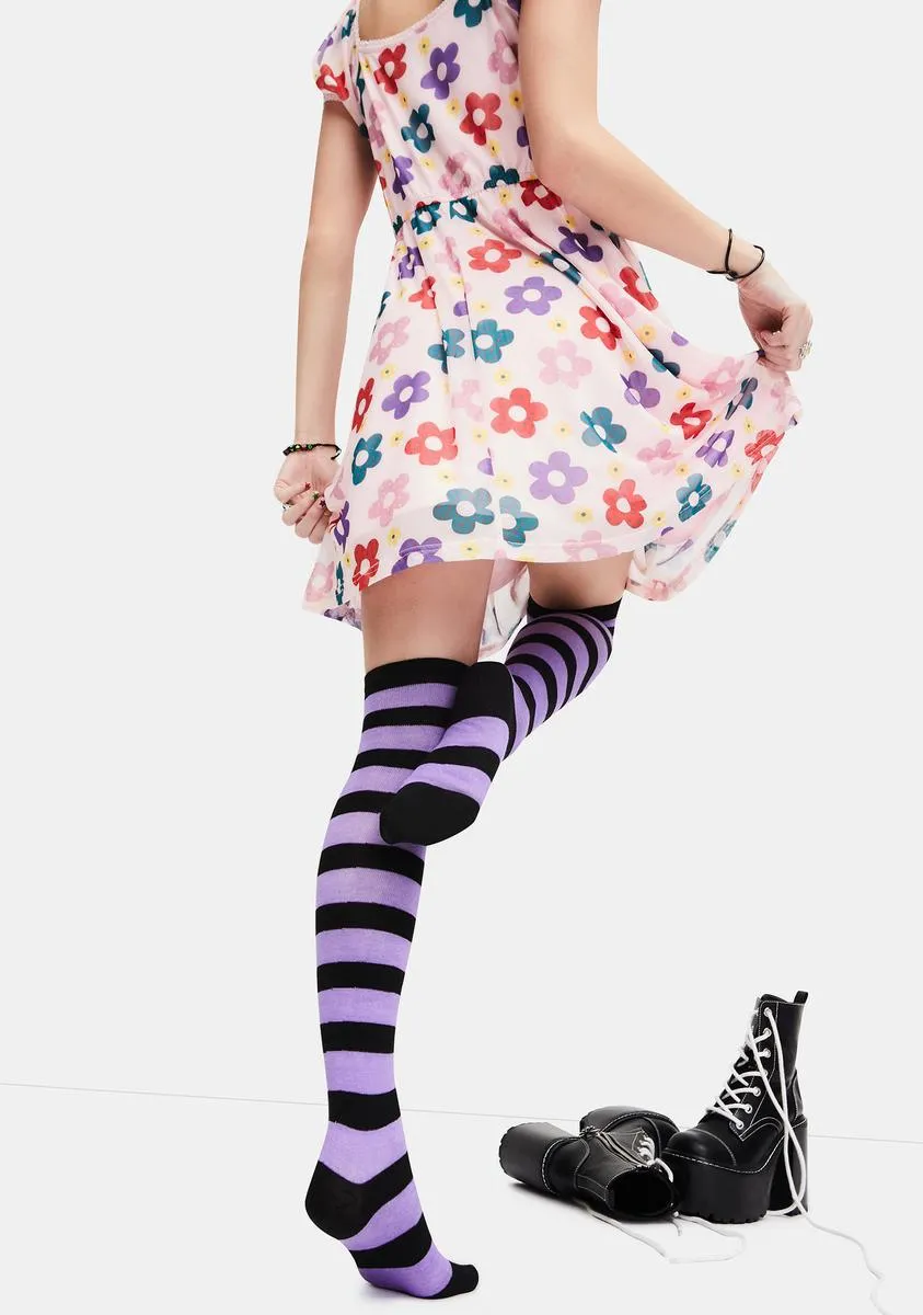 Lavender Playful Lane Striped Thigh High Socks