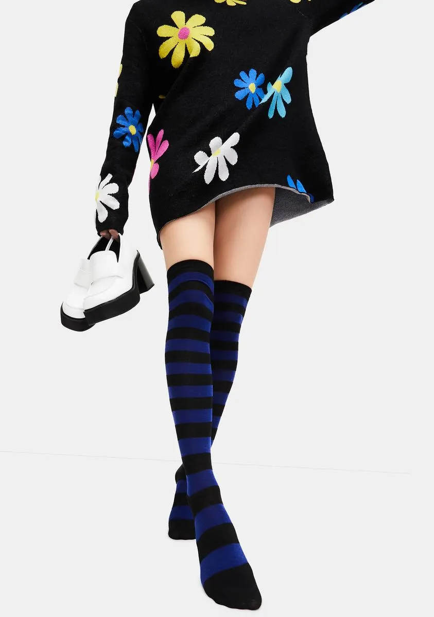 Navy Playful Lane Striped Thigh High Socks