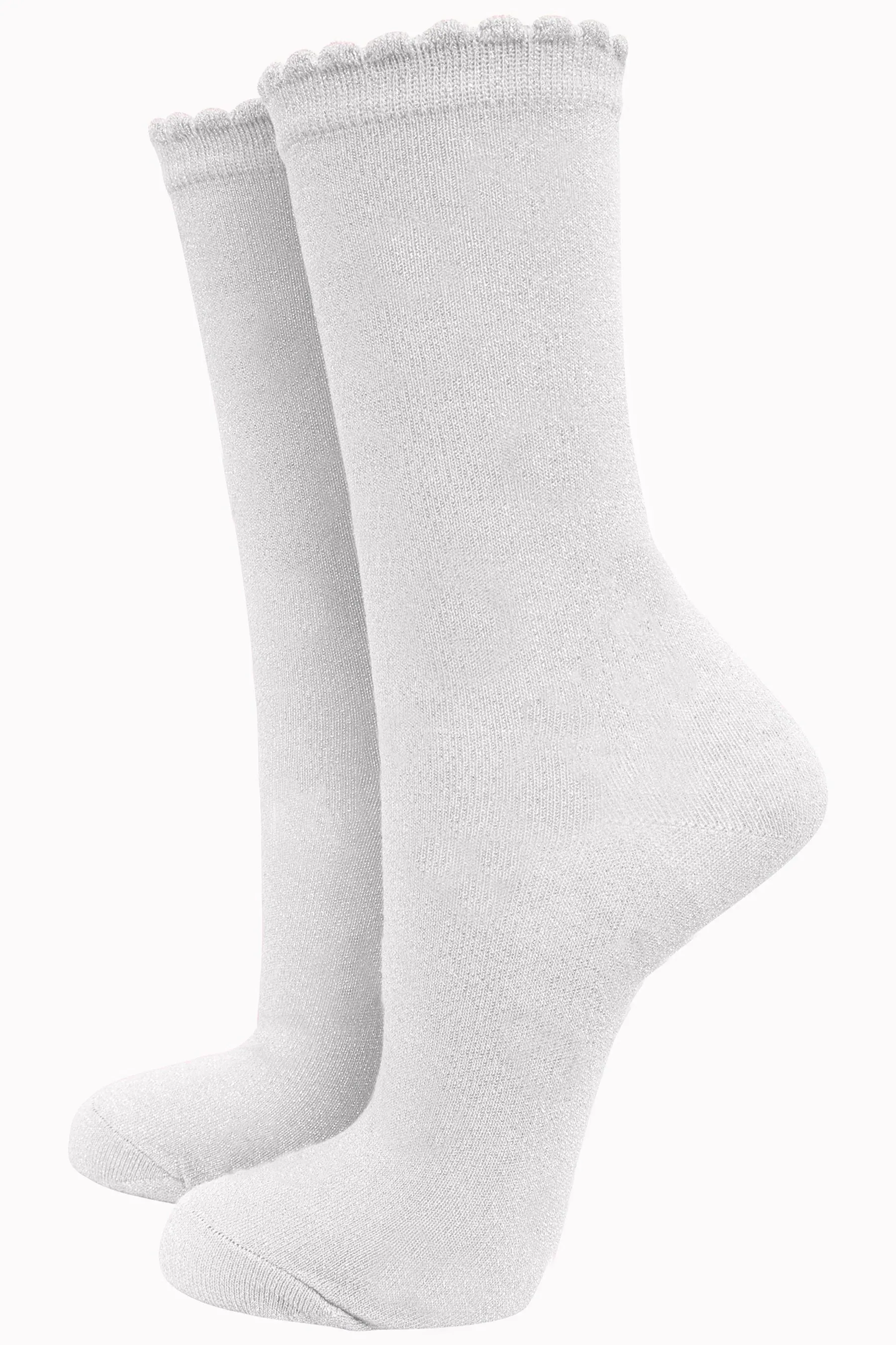 Scalloped Cuff Glitter Socks - White