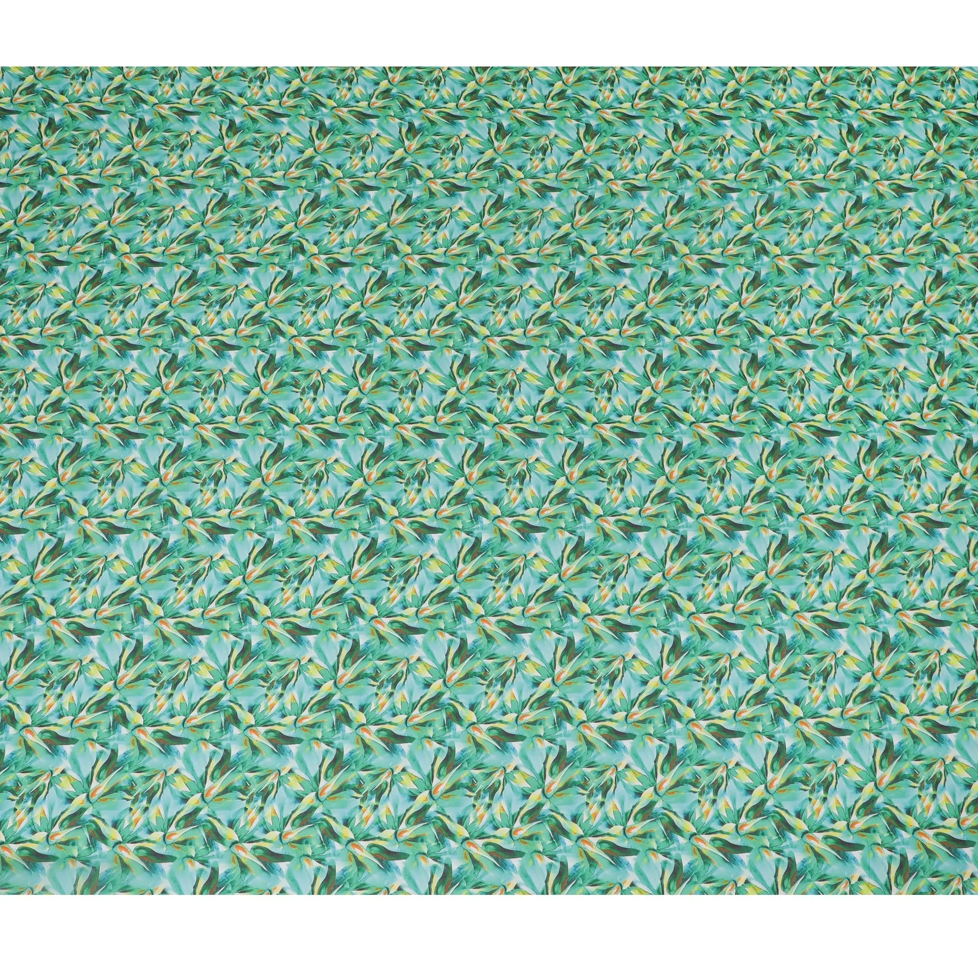 Seafoam Green Synthetic Chiffon Fabric with Orange and Yellow Feather Print, 140 cm Wide-D19118