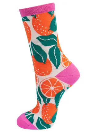 Women's Orange Print Bamboo Socks in Cream Hot Pink